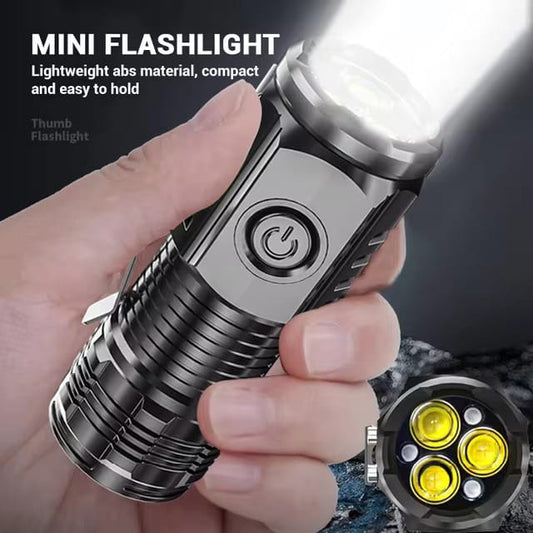 Mini Portable 3-Eye LED Flashlight | High-Lumen Rechargeable Outdoor Torch