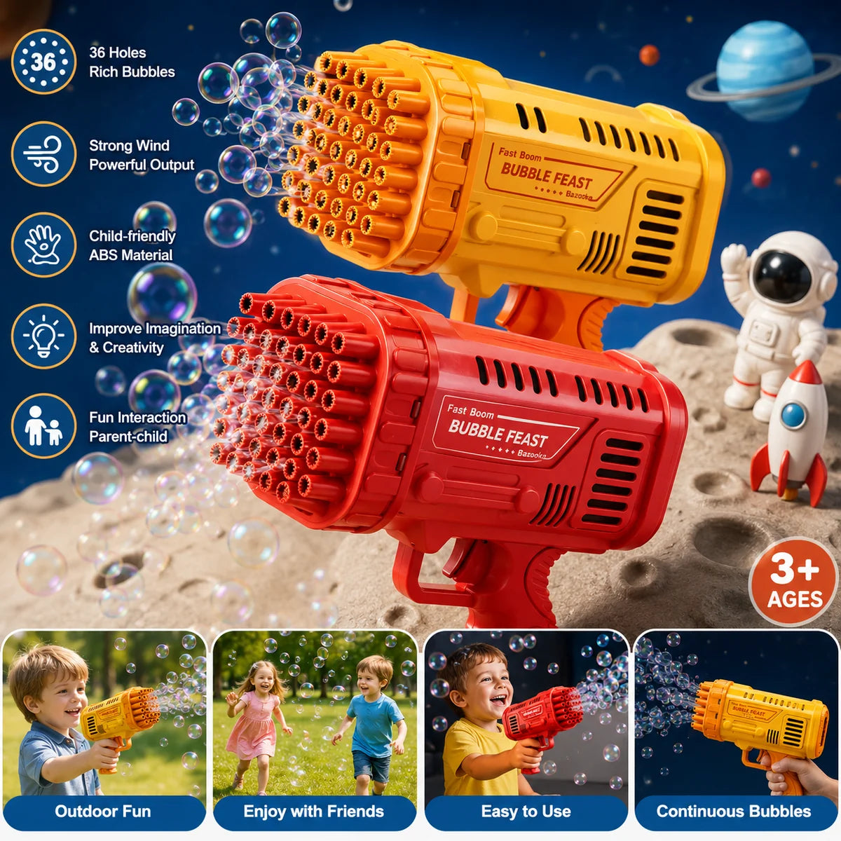 Two toy bubble guns, one yellow and one red, shown with floating bubbles on a space-themed background. The image includes feature callouts, age text, and four lifestyle inset photos of children using the bubble guns outdoors and in a park.