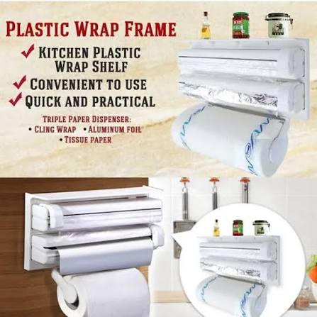 Plastic wrap frame kitchen shelf shown in a collage with text callouts, demonstrating storage for plastic wrap, aluminum foil, and tissue paper. The image includes a main product view, a bathroom installation view, and a circular inset showing additional use.