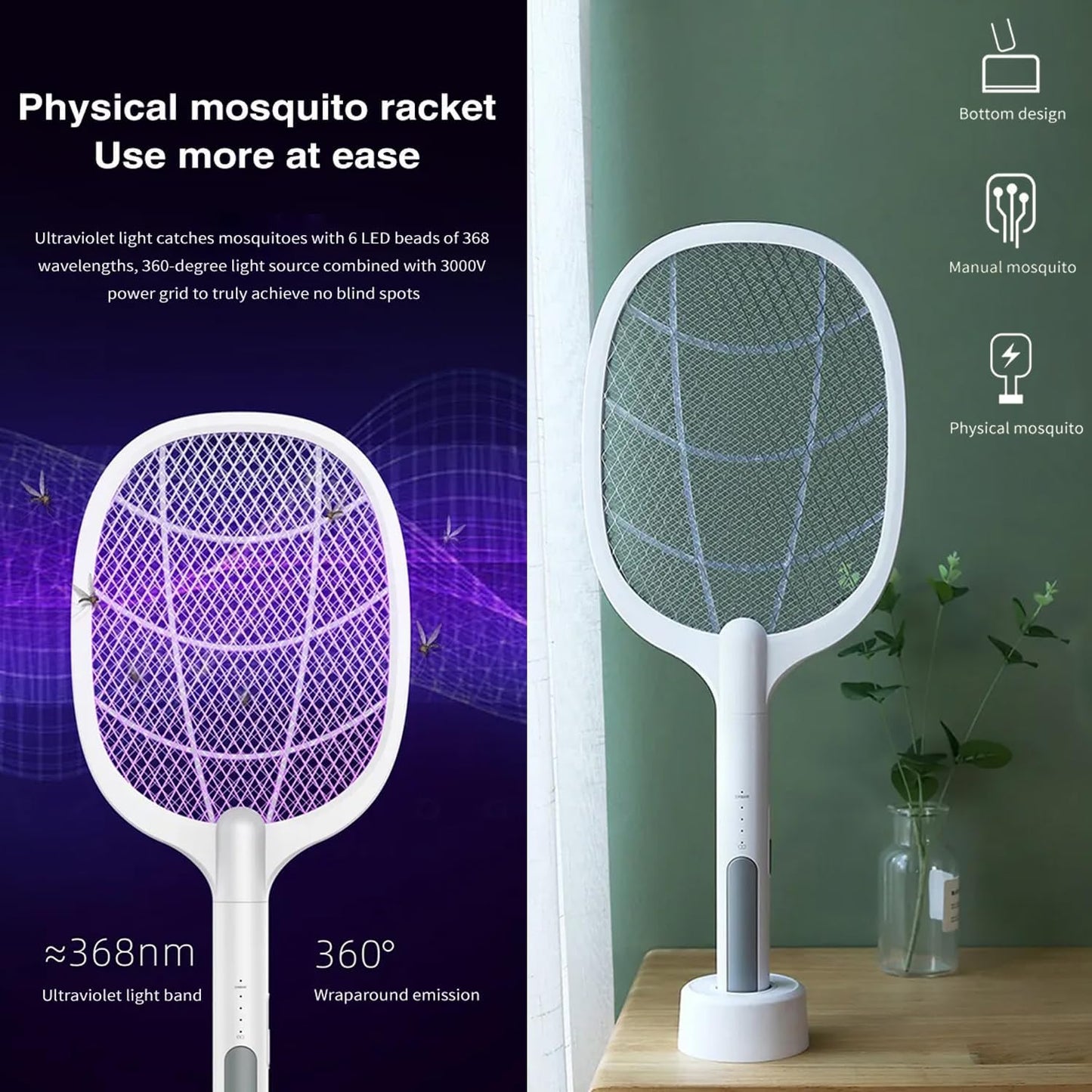 Rechargeable mosquito zapper racket UV light electric insect killer portable bug zapper for home outdoor camping Aalaa Shop