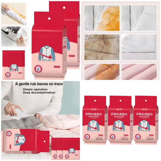 Red packaging of a cleaning product with images of clothes and cleaning actions.