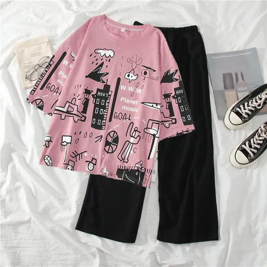urban doodle print pajama set oversized graphic tee wide leg pants women comfortable sleepwear loungewear set Aalaa Shop