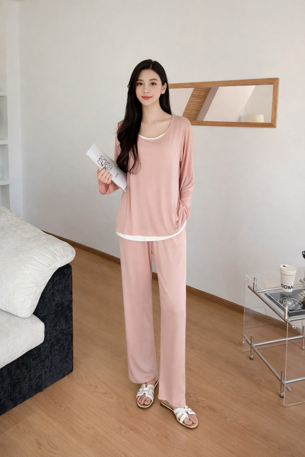Women 2 Piece Loungewear Set Pink & Grey Pajama Outfit