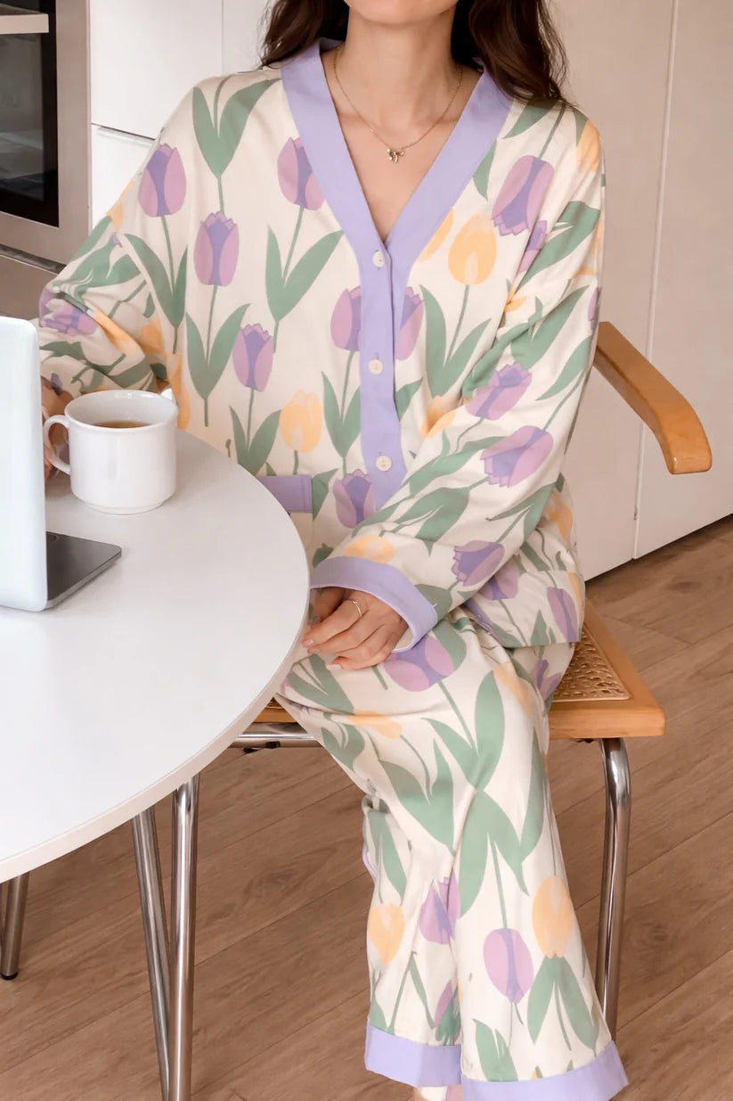 white floral button night suit women pajama set soft comfortable sleepwear ladies loungewear two piece printed nightwear Gharsaman