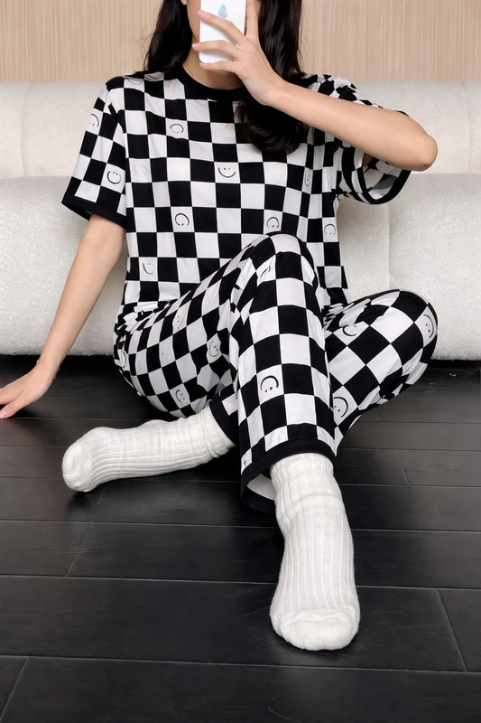 black white smile check night suit women pajama set comfortable sleepwear ladies loungewear two piece printed nightwear Gharsaman