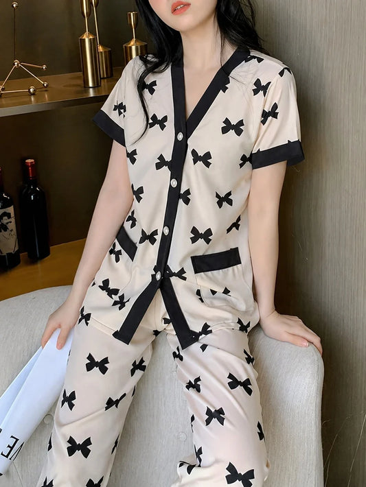white black bow button night suit women pajama set soft comfortable sleepwear ladies loungewear two piece nightwear Gharsaman