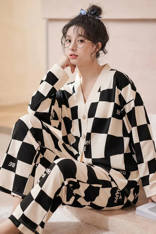 Off White Black Check V Neck Button PJ Set Women
