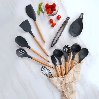 12-Piece Silicone Kitchen Utensil Set with Wooden Handles | Heat-Resistant Non-Stick Cooking Tools