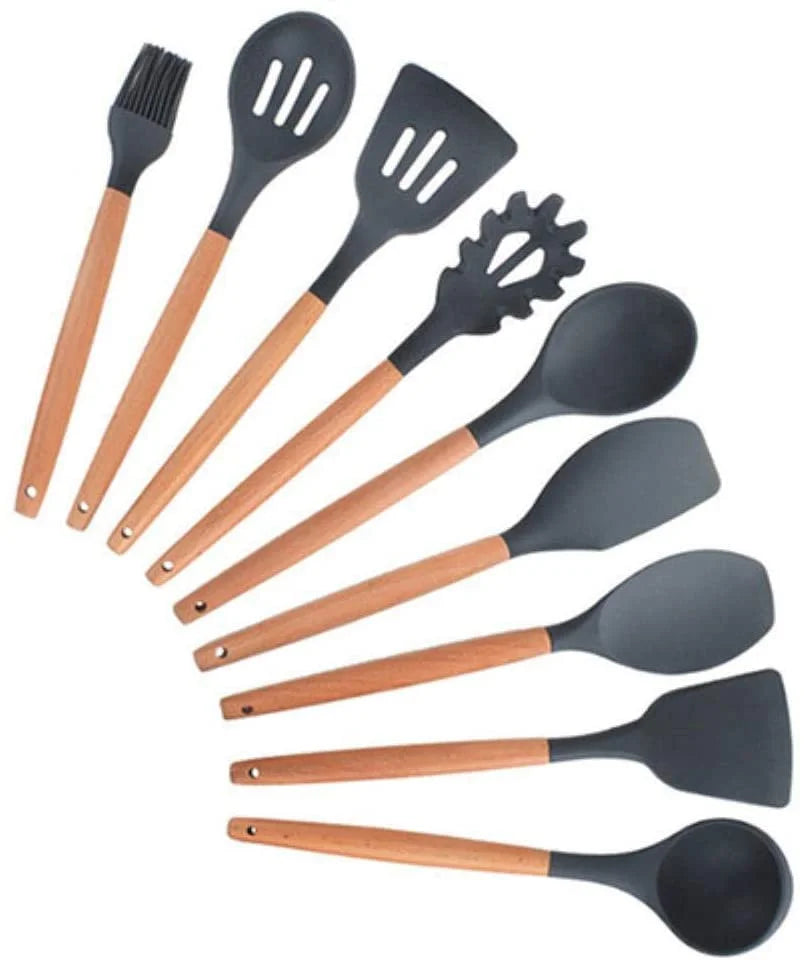 12-Piece Silicone Kitchen Utensil Set with Wooden Handles | Heat-Resistant Non-Stick Cooking Tools