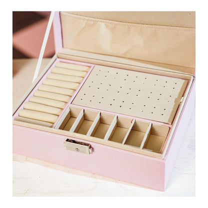 Leather Jewellery Organizer with Locker 2 Layers Hanging Holder Jewelry Box | Pink