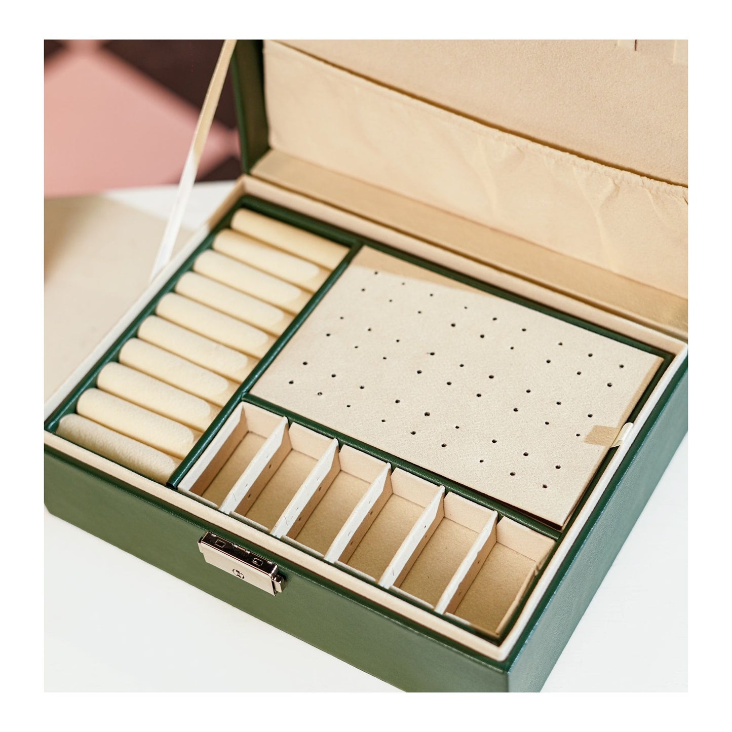 Leather Jewellery Organizer with Locker 2 Layers Hanging Holder Jewelry Box | Green