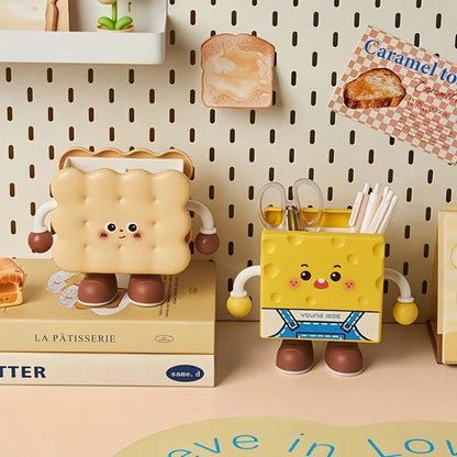 Cute Toast Desk Organizer Pen Holder | Kawaii Desktop Stationery Storage