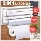 3-in-1 dispenser with cling film, aluminum foil, and kitchen roll on a wooden surface.