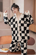 Off White Black Check V Neck Button PJ Set Women