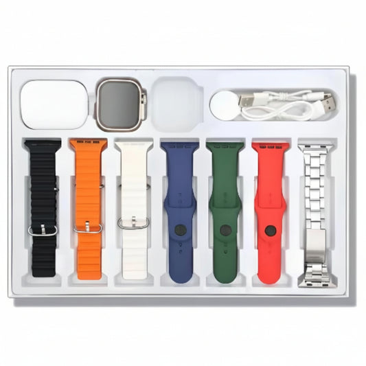 Collection of colorful watch bands and accessories in a box with 'Silver' text above.