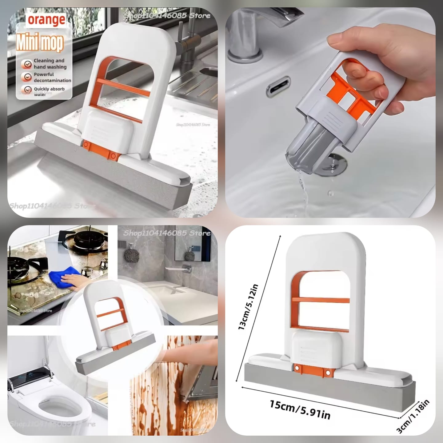A collage showing an orange Mini mop being used in a sink, on a toilet, and on a shower door, alongside a dimension diagram and product features.