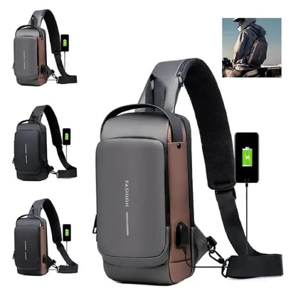A gray and brown crossbody sling backpack shown on a white background, with three smaller alternate color views on the left, a lifestyle inset at top right, and a phone charging port illustration on the right. The front has the word FASHION printed vertically.