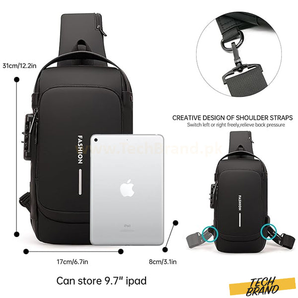 Black crossbody backpack with dimension annotations showing 17cm width, 8cm depth, and 31cm height, alongside an inset of adjustable shoulder straps and a silver iPad shown inside the bag. Text reads 'Can store 9.