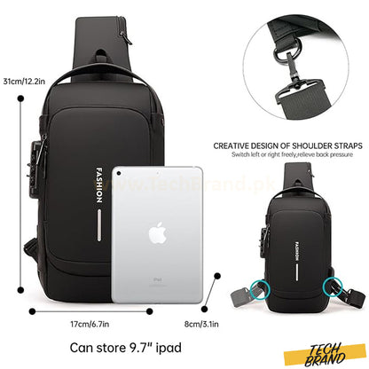 Black crossbody backpack with dimension annotations showing 17cm width, 8cm depth, and 31cm height, alongside an inset of adjustable shoulder straps and a silver iPad shown inside the bag. Text reads 'Can store 9.