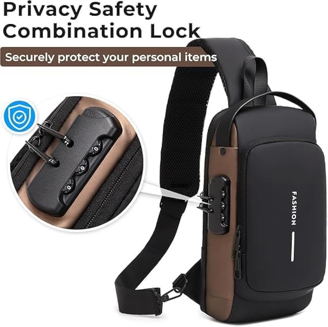 Black and brown crossbody sling bag with a combination lock on the front, shown on a white background with promotional text and a circular inset highlighting the lock mechanism.