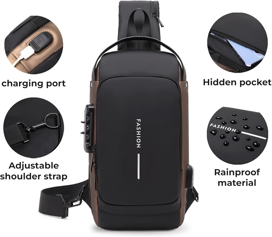Black crossbody bag with features highlighted on a white background