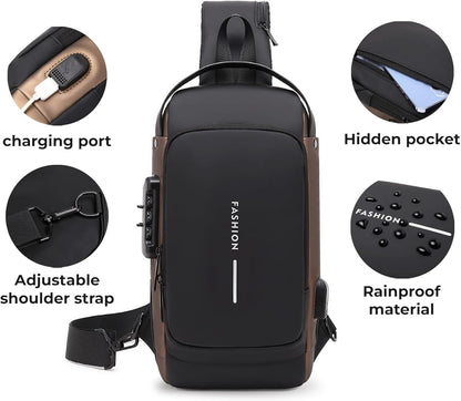 Black crossbody bag with features highlighted on a white background