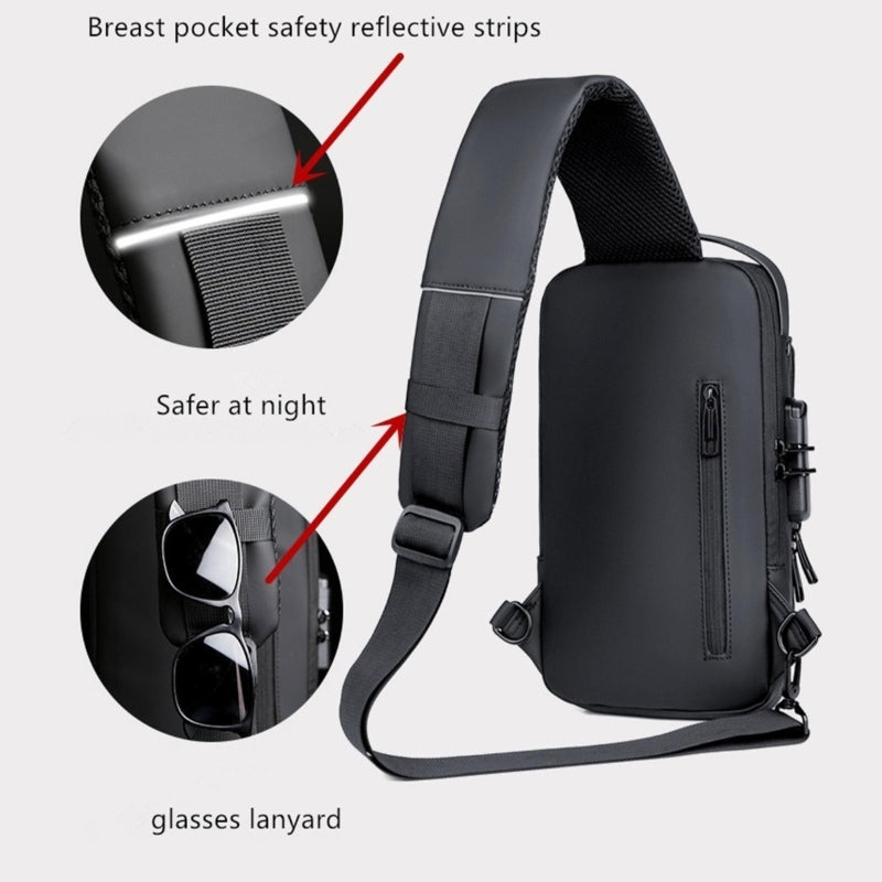 Black shoulder bag with safety features like reflective strips and a glasses lanyard on a white background.