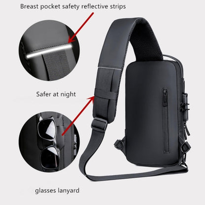 Black shoulder bag with safety features like reflective strips and a glasses lanyard on a white background.