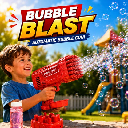 A young boy smiling and holding a red automatic bubble gun toy that is spraying bubbles into the air. The scene is set in a backyard with a playground visible in the background under a blue sky.