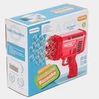Box of a bubble gun toy with educational text on a white background
