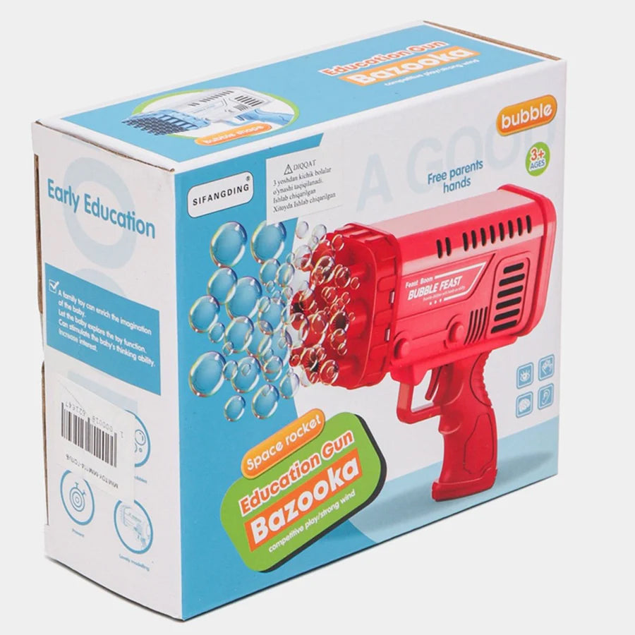 Box of a bubble gun toy with educational text on a white background