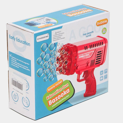 Box of a bubble gun toy with educational text on a white background