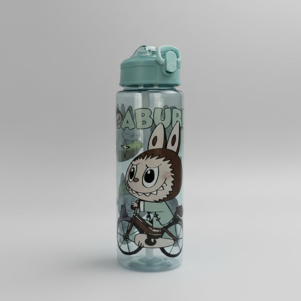 Clear water bottle with cartoon character design on a white background
