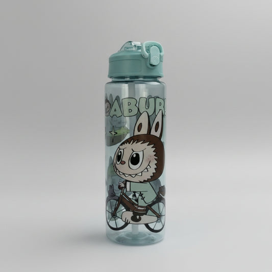 Clear water bottle with cartoon character design on a white background