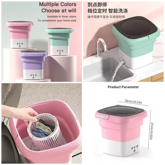 Collapsible laundry basket with multiple colors and product dimensions displayed.