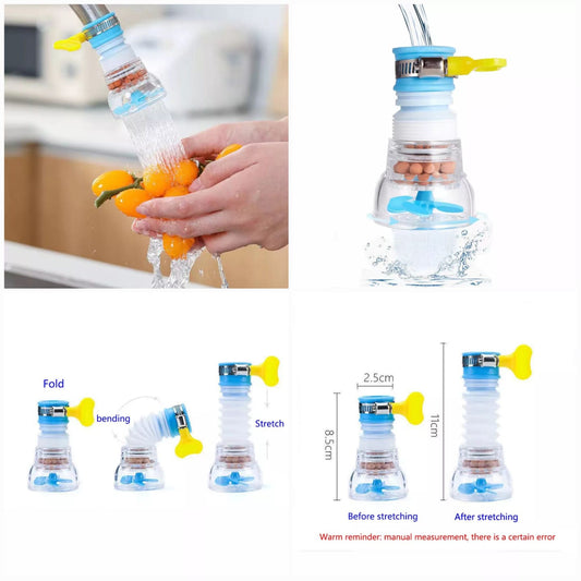 Collapsible water filter with a hand using it and measurements shown below.
