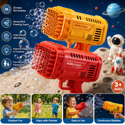 Two toy bubble guns, one yellow and one red, shown with floating bubbles on a space-themed background. The image includes feature callouts, age text, and four lifestyle inset photos of children using the bubble guns outdoors and in a park.