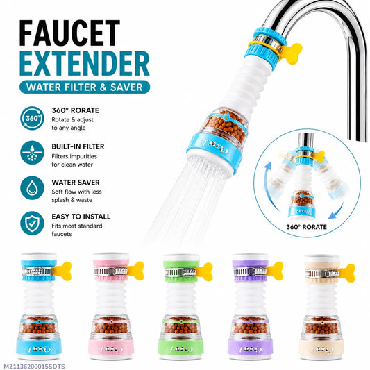 Faucet extender with water filter and saver features on a white background