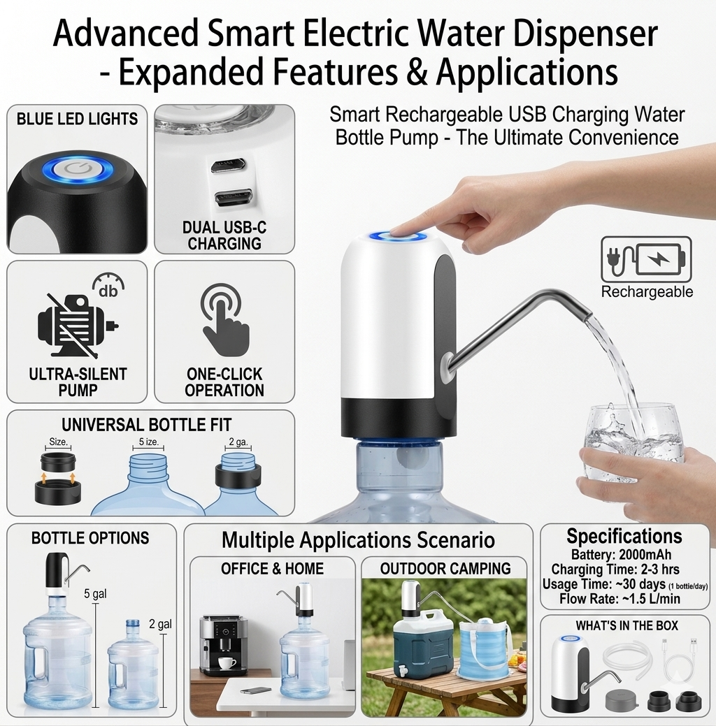 USB rechargeable electric water dispenser pump automatic drinking water pump for 19L 20L bottles home office Aalaa Shop