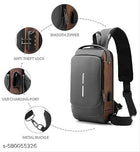 Gray and brown backpack with features highlighted on a white background