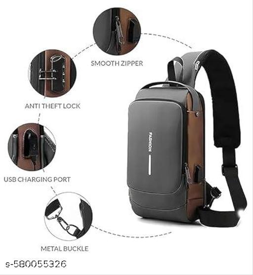 Gray and brown backpack with features highlighted on a white background