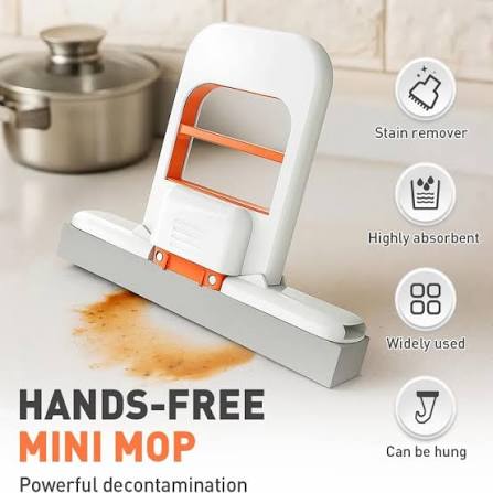 Hands-free mini mop with features listed on a kitchen counter