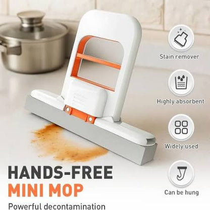Hands-free mini mop with features listed on a kitchen counter