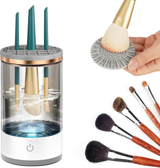Makeup brush cleaner with brushes and a hand holding a brush over a gray mat.