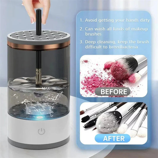 Makeup brush cleaning device with before and after images of brushes.