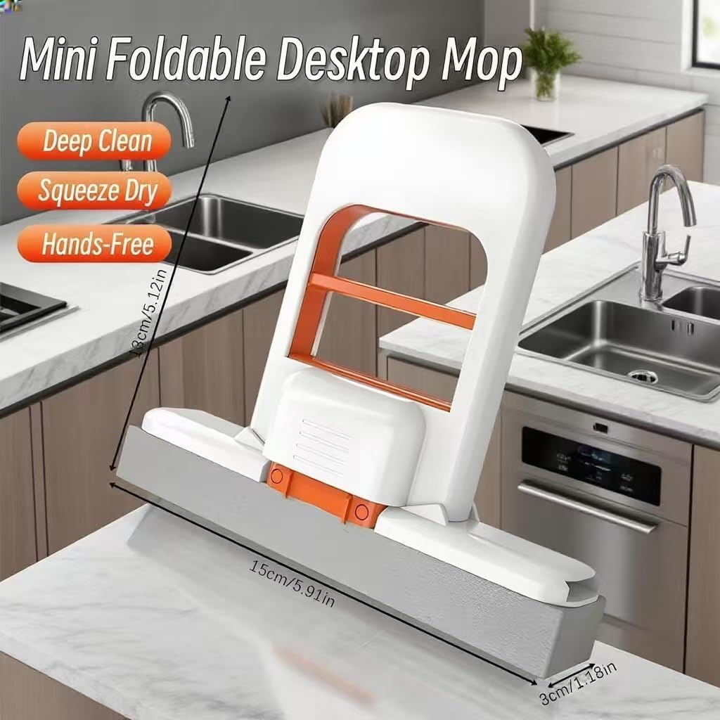 Mini foldable desktop mop on a kitchen counter with text indicating features.