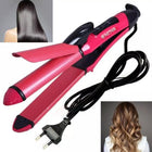Pink hair straightener with black accents on a white background, showing before and after images of styled hair.