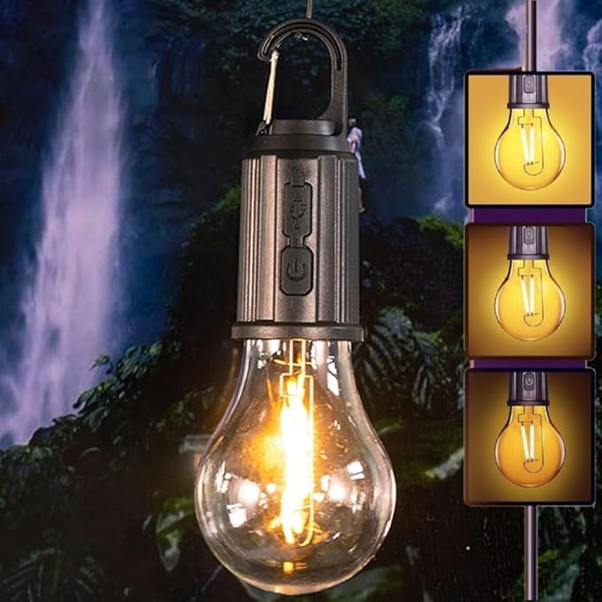 A hanging lantern-style light bulb with a visible glowing filament and built-in switch, shown against a dark waterfall background. Three inset panels on the right show the bulb glowing in different warm light tones.