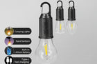 A black cordless camping light bulb with a clear globe shade and a top hanging hook, shown on a light gray background with three smaller views of the same product. Text callouts mention camping lights, hand lantern, built-in lithium battery, Type-C fast charging, ABS material, and anti drop and wear-resistant features.
