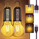 Two portable hanging LED light bulbs with black power buttons and hangers, shown illuminated in a warm yellow glow. The image includes inset graphics showing the USB-A to USB-C cable connection and three square close-ups of the glowing bulb.